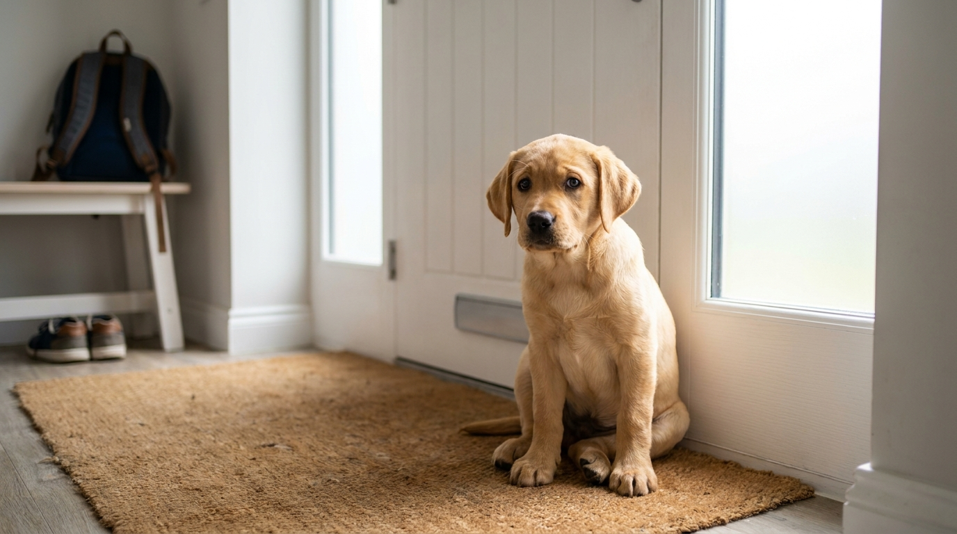 Puppy sitting anxiously by the front door waiting for its owner to return — a classic sign of separation anxiety in dogs